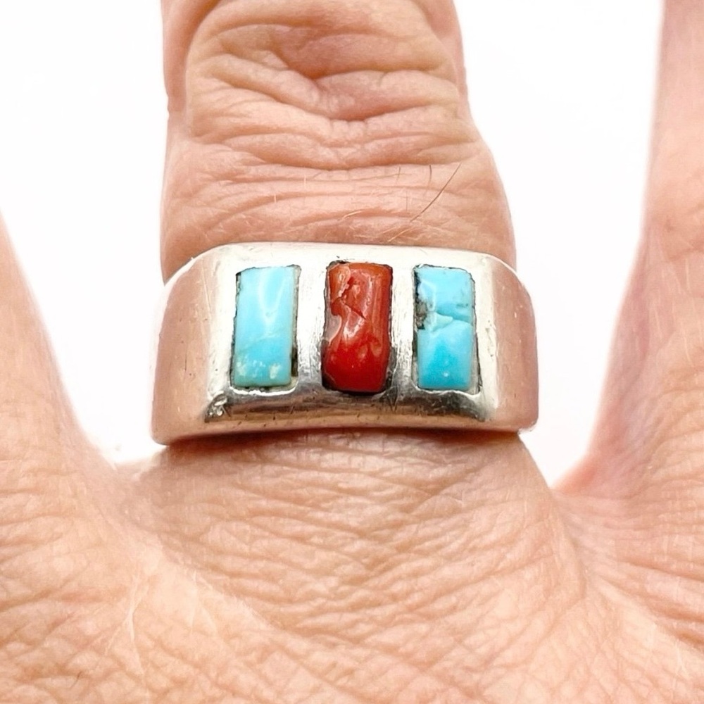 Size 7.5 Zuni Turquoise,Coral 925 Sterling Silver Ring
